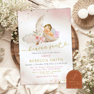 Invitación Chica Rubia Boho Rosa Luna Ángel Baby Shower