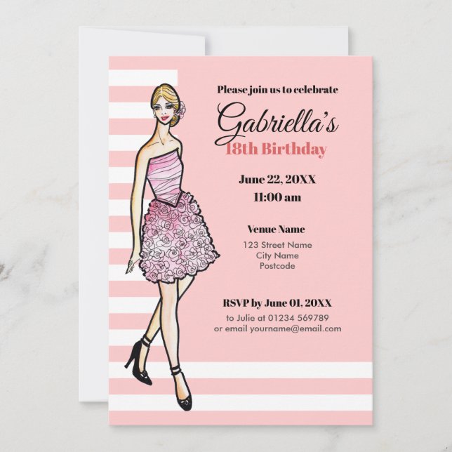 Invitación Chica rubia con vestido de cóctel de rosas rosadas (Anverso)
