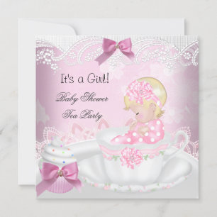 Invitación Chica Rubia de Baby Shower Taza de té Cupcake Rosa