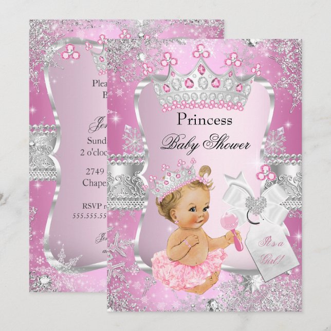Invitación Chica rubia ducha de bebé princesa plateada rosa (Anverso / Reverso)