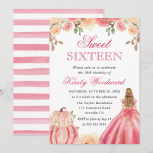 Invitación Chica rubia en vestido rosa Calabazas florales Dul