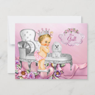 Invitación Chica rubia silla rosa princesa perla baby shower