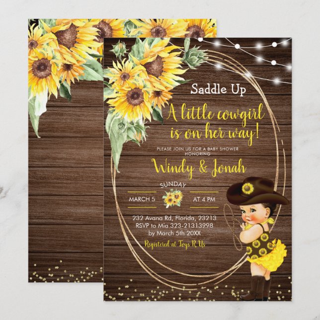 Invitación Chica rubio de Cowgirl de girasol Baby Shower I (Anverso / Reverso)