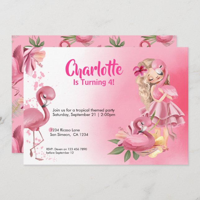 Invitación Chica rubio Flamingo rosa tropical Cumpleaños (Anverso / Reverso)