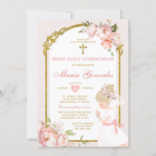 Invitación Chica rubio rezando floral primera comunión sagrad