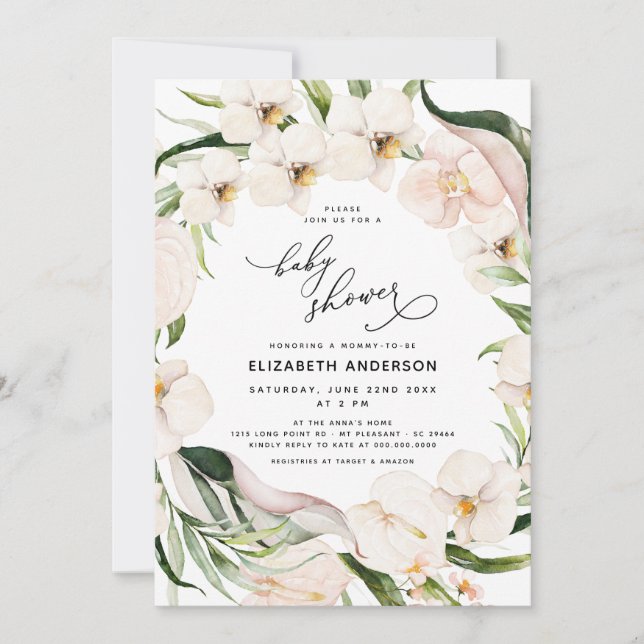 Invitación Chica Rubor Baby Shower de selva floral rosa (Anverso)