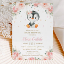 Chica Rubor Floral Adorable Penguin Baby Shower