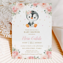 Invitación Chica Rubor Floral Adorable Penguin Baby Shower