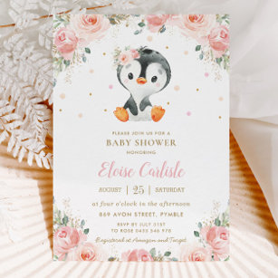 Invitación Chica Rubor Floral Adorable Penguin Baby Shower