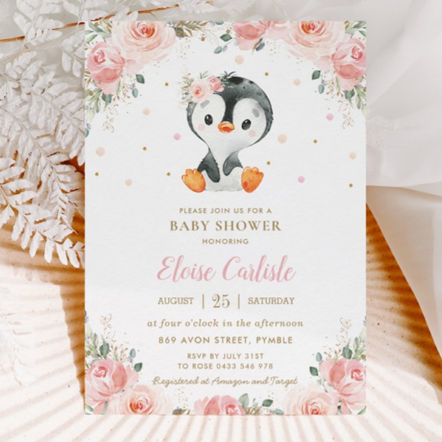 Invitación Chica Rubor Floral Adorable Penguin Baby Shower (Subido por el creador)