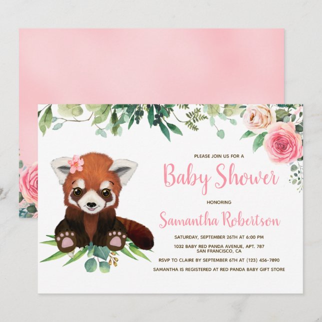 Invitación Chica Rubor Floral Cute Bear  Baby Shower (Anverso / Reverso)