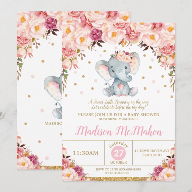 Invitación Chica Rubor Floral Elephant Baby Shower (Anverso / Reverso)