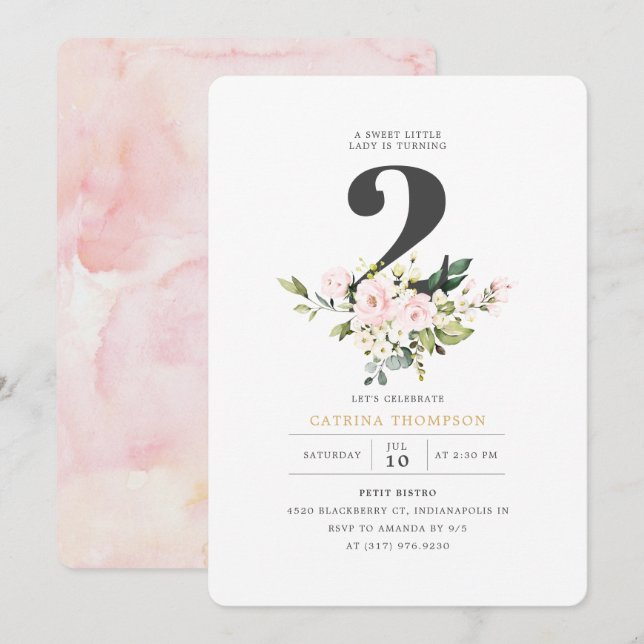 Invitación Chica Rubor Floral & Eucalyptus  Fiesta de cumplea (Anverso / Reverso)