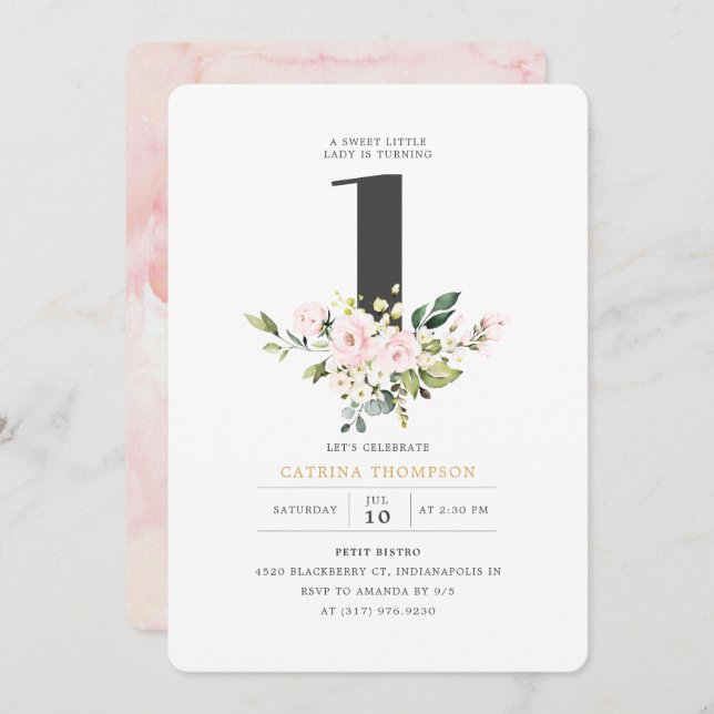 Invitación Chica Rubor Floral & Eucalyptus Primer Fiesta de c (Anverso / Reverso)
