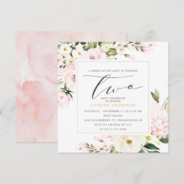 Invitación Chica Rubor Floral Greenery  de cumpleaños Fiesta (Anverso / Reverso)