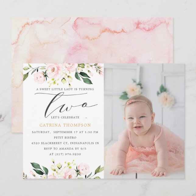 Invitación Chica Rubor Floral Greenery  Foto de cumpleaños (Anverso / Reverso)