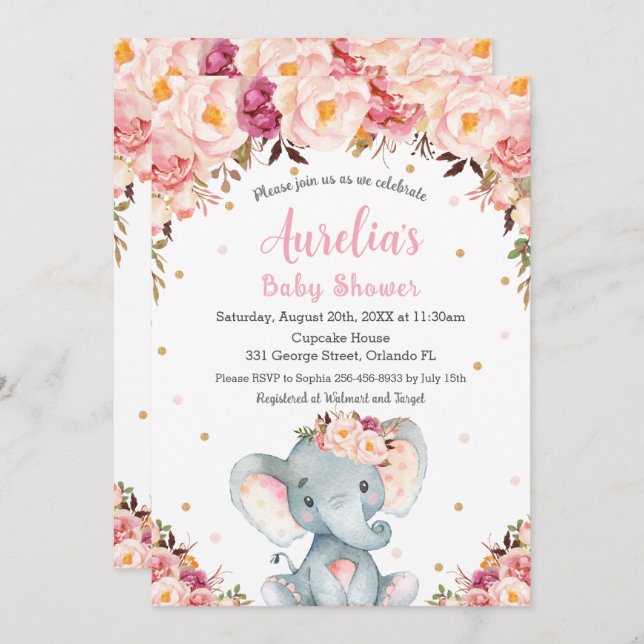 Invitación Chica Rubor Floral Rosa Cute Elephant Baby Shower (Anverso / Reverso)