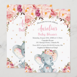 Invitación Chica Rubor Floral Rosa Cute Elephant Baby Shower