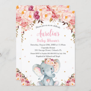 Invitación Chica Rubor Floral Rosa Cute Elephant Baby Shower