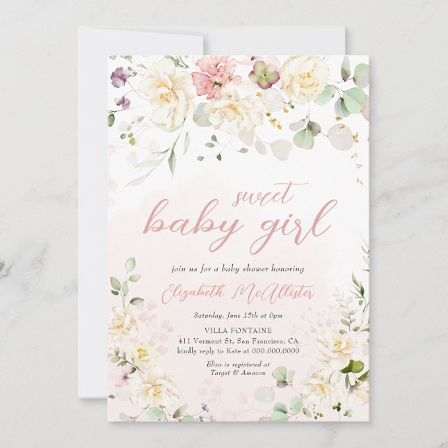 Invitación Chica Rubor Floral Rosa Eucalyptus Baby Shower (Anverso)