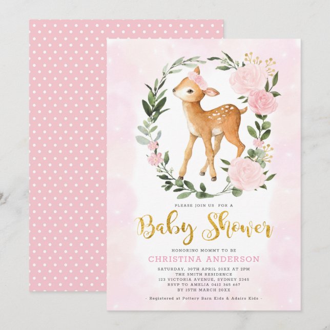 Invitación Chica Rubor Gold Floral Woodland Deer Baby Shower (Anverso / Reverso)