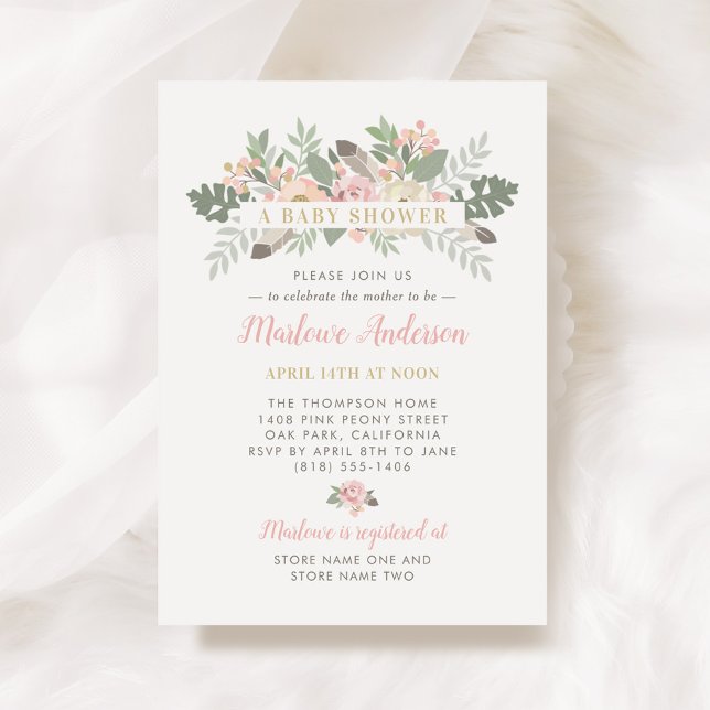 Invitación Chica Rubor Pink and Gold Floral Boho Baby Shower (Subido por el creador)