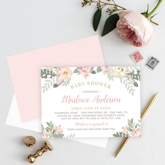 Invitación Chica Rubor Pink and Gold Floral Boho Baby Shower (Subido por el creador)