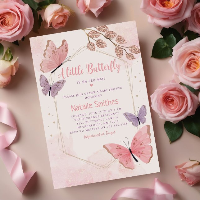 Invitación Chica Rubor Pink Boho Floral Butterfly Baby Shower (Subido por el creador)