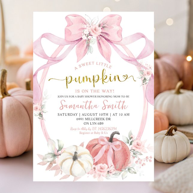Invitación Chica Rubor Pink Bow Coquette Pumpkin Baby Shower (Subido por el creador)