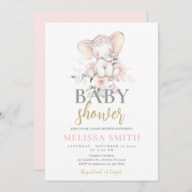 Invitación chica Rubor Pink Elephant Baby Shower (Anverso / Reverso)