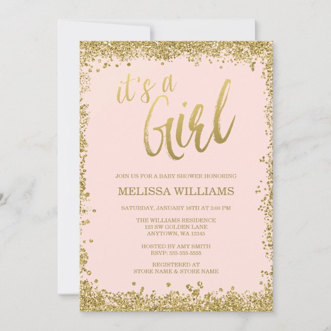 Invitación Chica Rubor Pink Faux Gold Purpurina Baby Shower (Anverso)