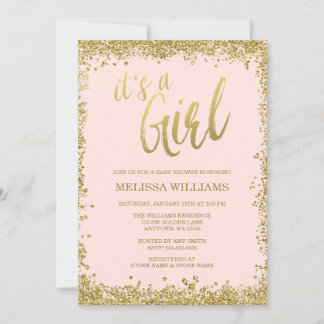 Invitación Chica Rubor Pink Faux Gold Purpurina Baby Shower