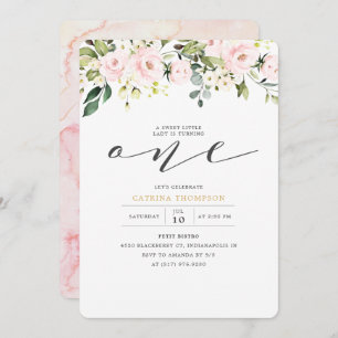 Invitación Chica Rubor Pink Floral & Eucalipto Primer cumplea