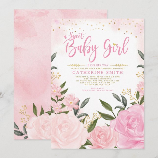 Invitación Chica Rubor Pink Gold Floral Greeneration Baby Sho (Anverso / Reverso)