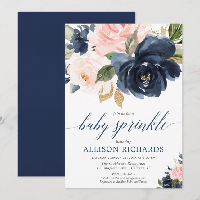 Invitación chica Rubor rosa y azul marino ducha de rociado de (Anverso / Reverso)