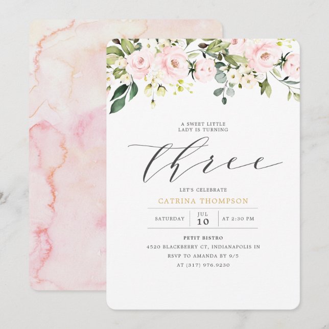 Invitación Chica Rubor White Floral & Eucalyptus Tercer cumpl (Anverso / Reverso)