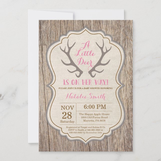 Invitación Chica ruso Antler Rosa Baby Shower (Anverso)