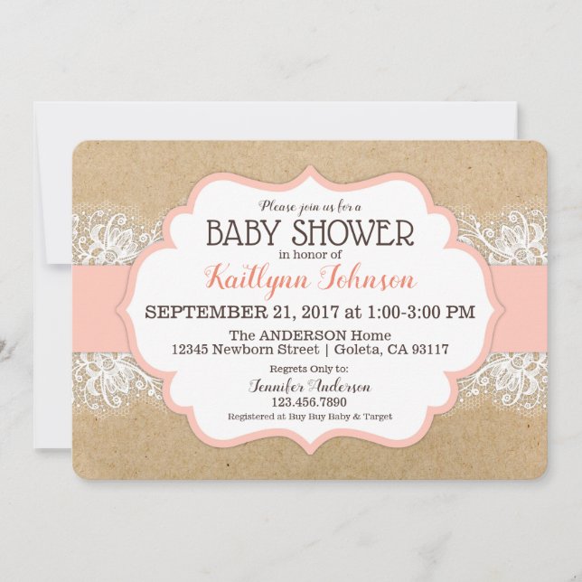 Invitación Chica ruso de corales de encaje moderno Kraft Baby (Anverso)