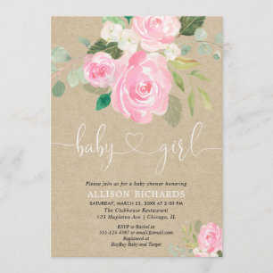 Invitación Chica rústico bebé ducha floral chorro rosa chulet