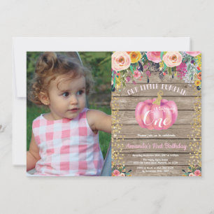 Invitación Chica Rústico Calabaza Primer cumpleaños Dorado Fl