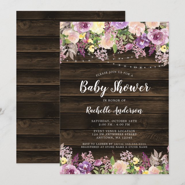 Invitación Chica Rústico Púrpura Floral  Baby Shower (Anverso / Reverso)