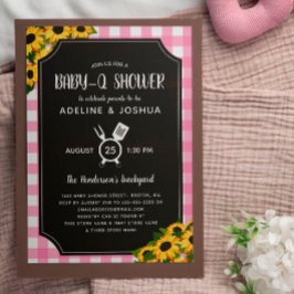 Invitación Chica Rústico Rosa Gingham Sunflowers Baby-Q Showe