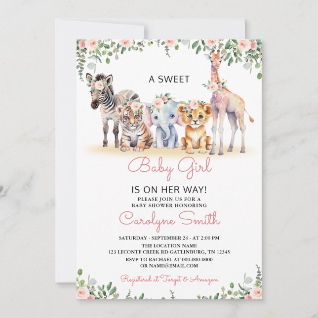 Invitación Chica Safari Animales Greenery Jungle Baby Shower (Anverso)