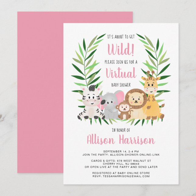 Invitación Chica Safari Animales Virtual Baby Shower (Anverso / Reverso)
