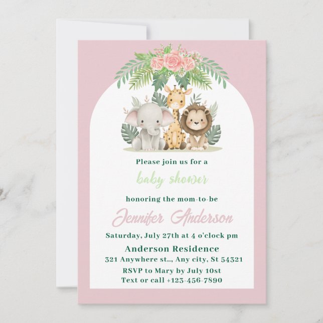 Invitación Chica Safari Animals Baby Shower (Anverso)