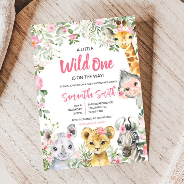 Invitación Chica Safari Animals Baby Shower (Pink Floral Safari Animals Baby Shower Invitation)