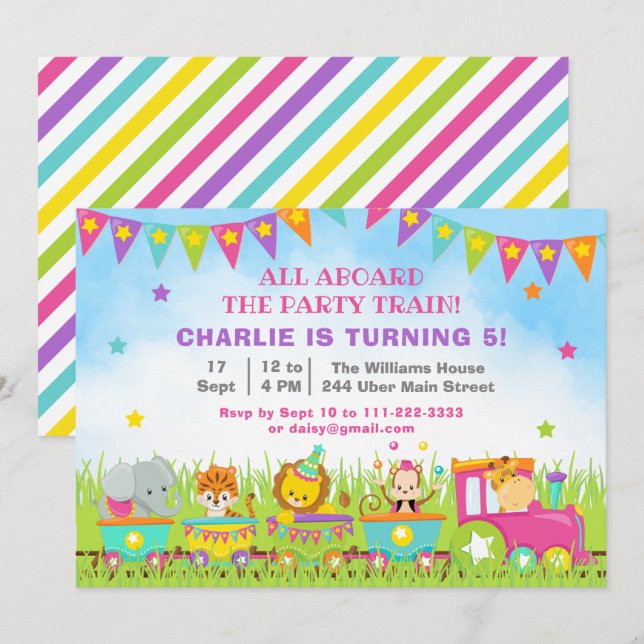 Invitación Chica Safari Animals Fiesta de Cumpleaños (Anverso / Reverso)