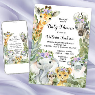 Invitación Chica Safari Baby Shower Purple Floral