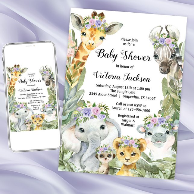 Invitación Chica Safari Baby Shower Purple Floral (Girl purple safari baby shower invitation. Instant download and printed invitations available.)