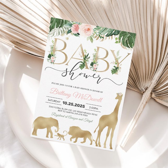 Invitación Chica Safari Gold Elephant Giraffe Baby Shower (Subido por el creador)